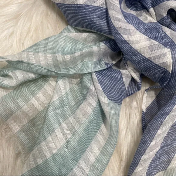 #0208 EST. 1946 Lightweight Soft Summer Blue and White Striped Scarf - Picture 3 of 4